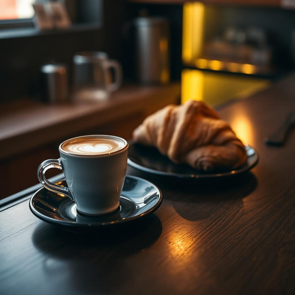 Cappuccino et croissant sur le comptoir du bar